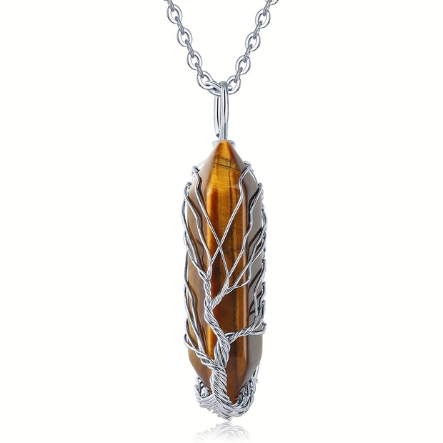 1pc Tree Of Life Wire Wrapped Crystal Point Pendant Necklace,
