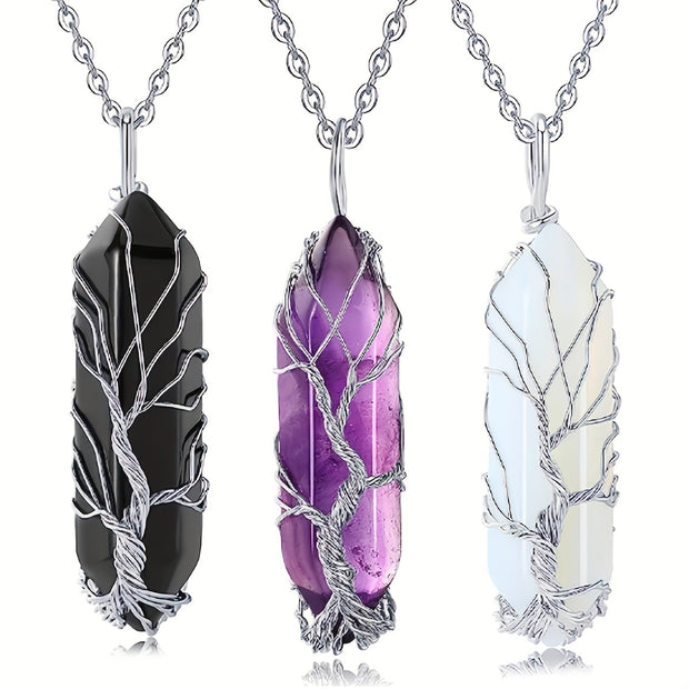 1pc Tree Of Life Wire Wrapped Crystal Point Pendant Necklace,