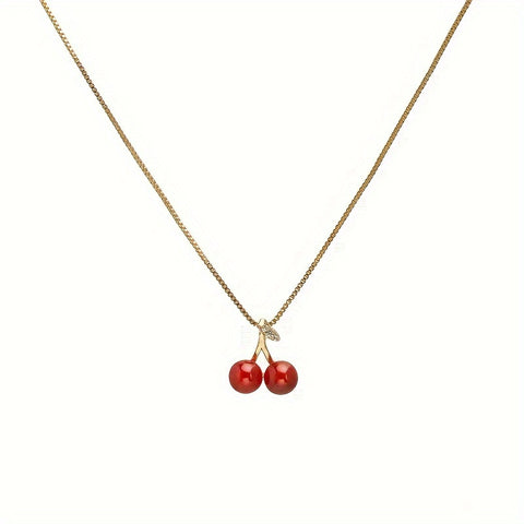 1pc Golden Red Cherries Pendant Chain Necklace For Girls Zirconia Choker Necklaces Jewelry Gifts