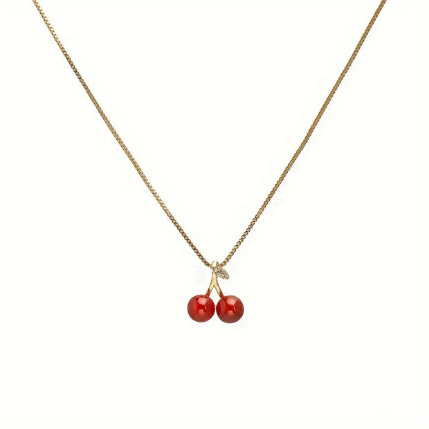 1pc Golden Red Cherries Pendant Chain Necklace For Girls Zirconia Choker Necklaces Jewelry Gifts