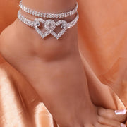 2pcs Trendy Style Double Heart Rhinestone Decor Anklets