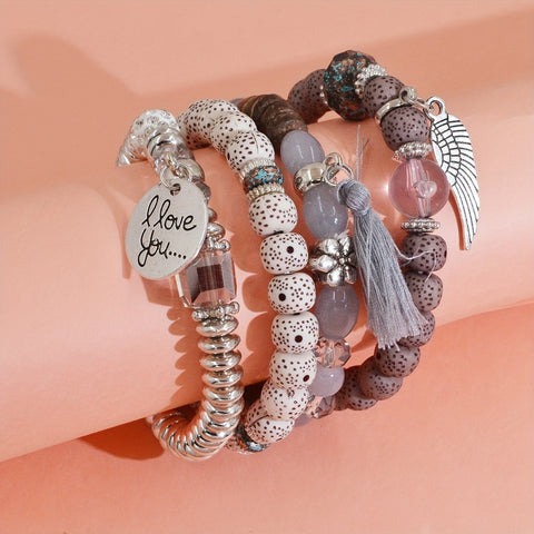 4pcs Heart Charm Beaded Bracelets