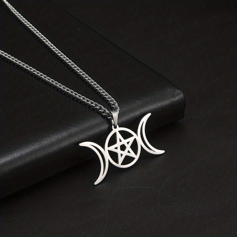 Moon Pentagram Round Pendant Necklace Stainless Steel Amulet Necklaces Jewelry