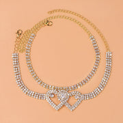 2pcs Trendy Style Double Heart Rhinestone Decor Anklets