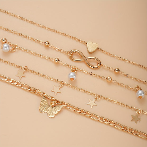 Bohemian Chic 4-Piece Anklets Set, Golden