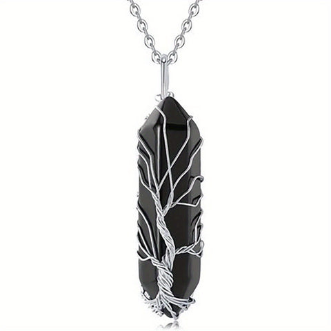 1pc Tree Of Life Wire Wrapped Crystal Point Pendant Necklace,