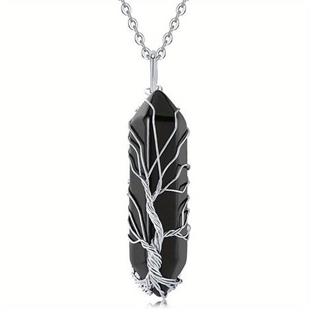 1pc Tree Of Life Wire Wrapped Crystal Point Pendant Necklace,