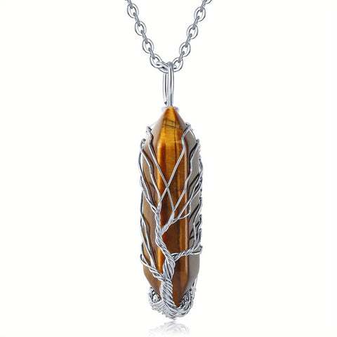 1pc Tree Of Life Wire Wrapped Crystal Point Pendant Necklace,