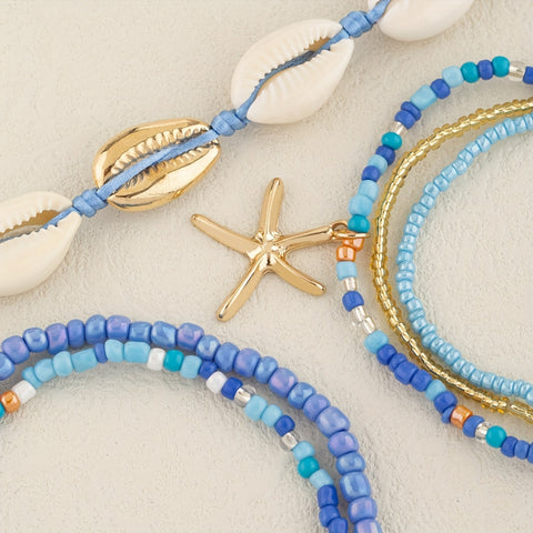 6pcs Set Unisex Glass Bead Anklets with Faux