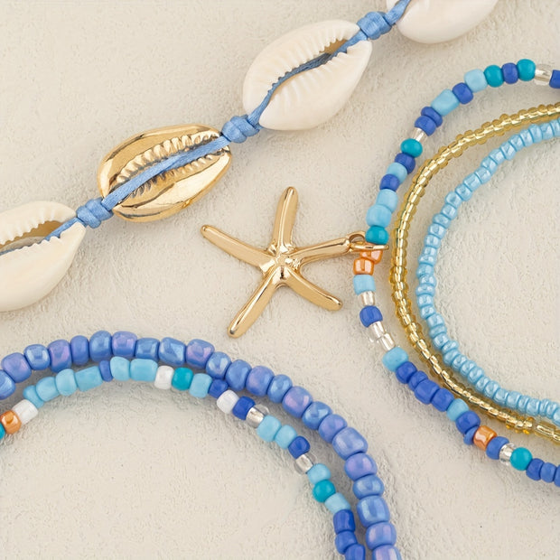 6pcs Set Unisex Glass Bead Anklets with Faux