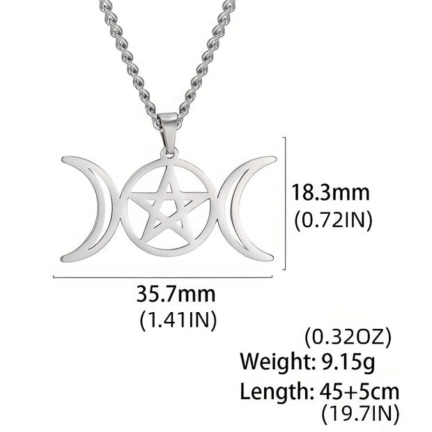 Moon Pentagram Round Pendant Necklace Stainless Steel Amulet Necklaces Jewelry
