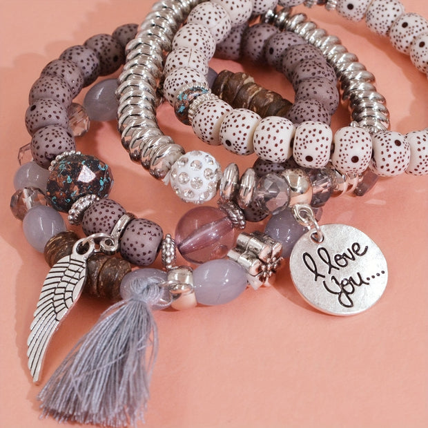 4pcs Heart Charm Beaded Bracelets