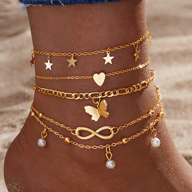 Bohemian Chic 4-Piece Anklets Set, Golden